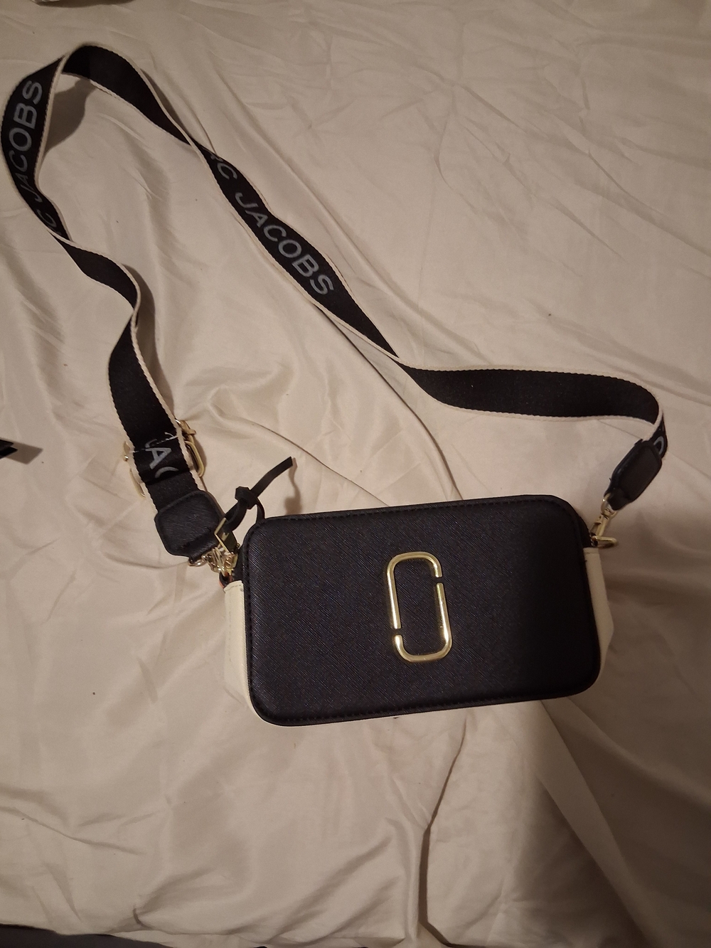 Marc Jacobs Black and Cream Crossbody Camera Bag with Branded Strap